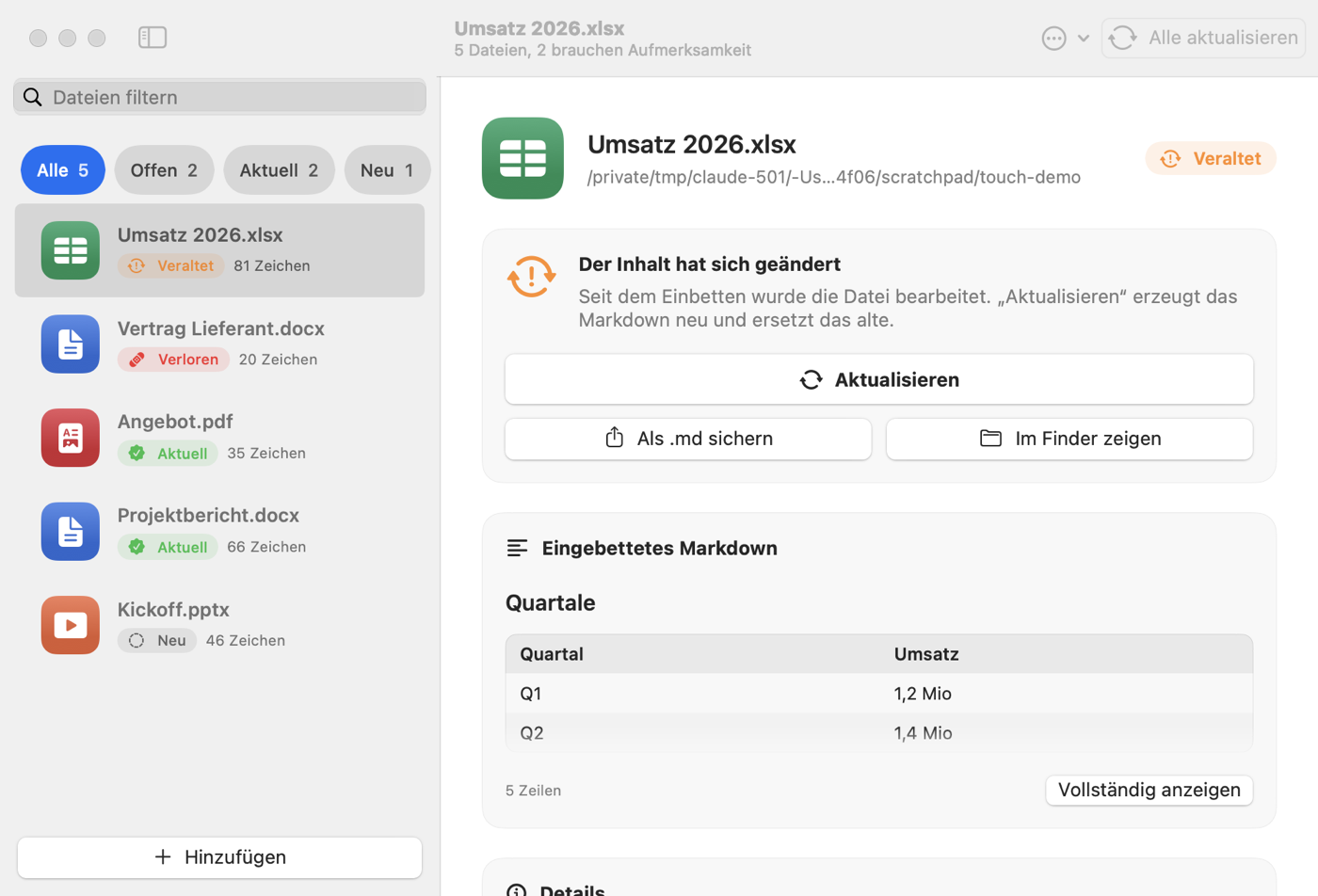 Carrymark-App: Seitenleiste mit Dateien nach Zustand, rechts eine geänderte Excel-Datei mit Tabellenvorschau